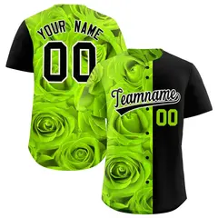 Neon Green Black Split Rose Print Baseball Jersey