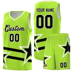 Neon Green Black Star Pattern Double Lines Basketball Kits 1