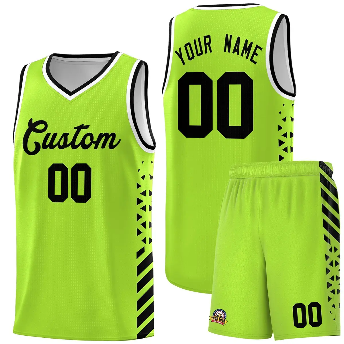 Neon Green Black White Diamond Stripe Side Basketball Jersey