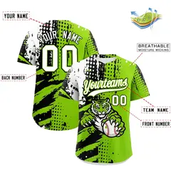 Neon Green Black White Full-Snap Tiger Graffiti Baseball Jersey 2