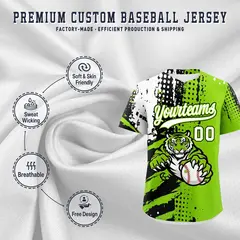 Neon Green Black White Full-Snap Tiger Graffiti Baseball Jersey 3