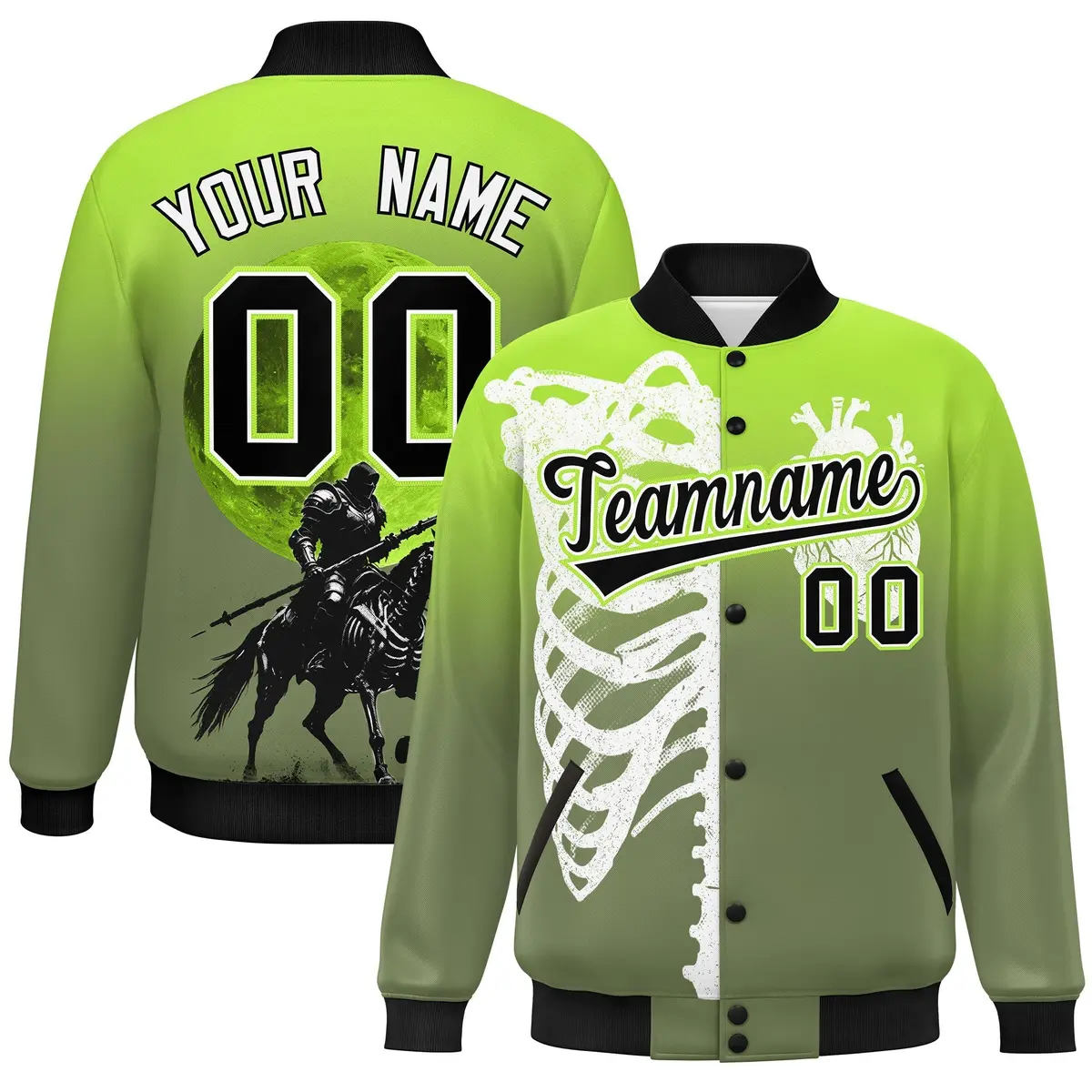 Neon Green Black White Halloween Skeleton Graffiti Varsity Jacket Moisture-Wicking