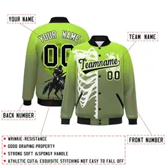 Neon Green Black White Halloween Skeleton Graffiti Varsity Jacket Moisture-Wicking 2