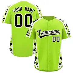 Neon Green Black White Side Camo Baseball Jersey