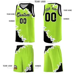 Neon Green Black-White Sparkle Print Basketball Kits 5