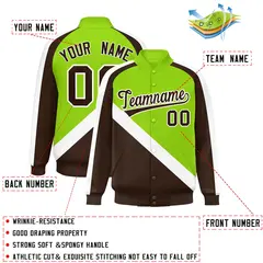 Neon Green Brown Raglan Varsity Full-Snap Letterman Baseball Jacket 2
