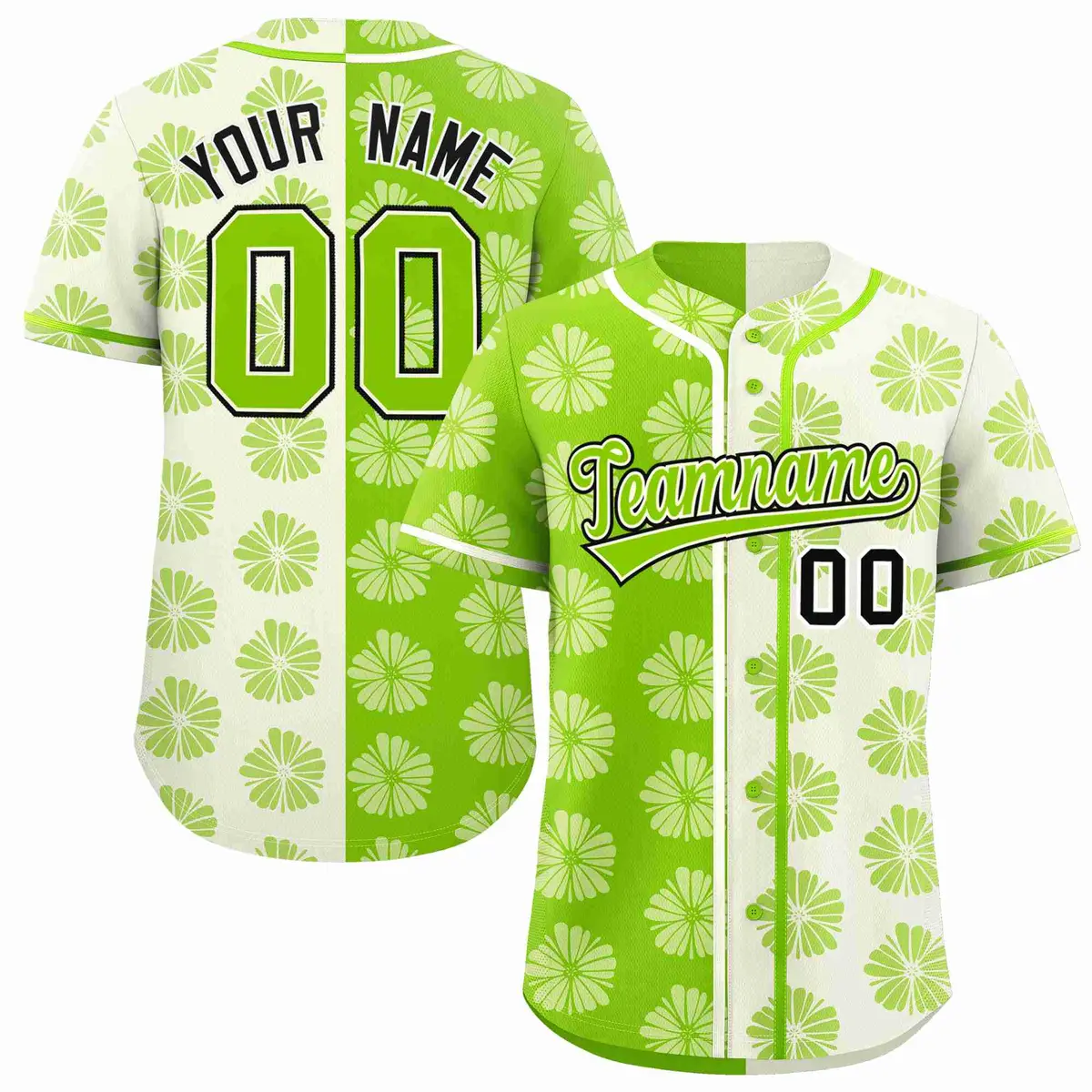Neon Green Cream Split Flower Graffiti Baseball Jersey