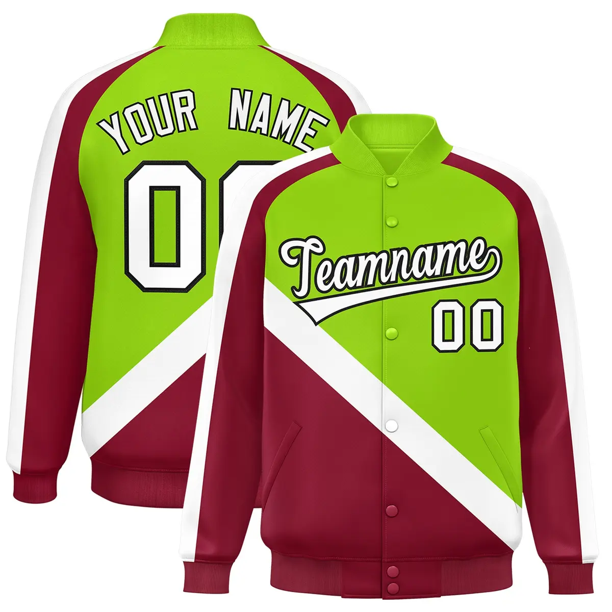 Neon Green Crimson Raglan Full-Snap Letterman Baseball Jacket