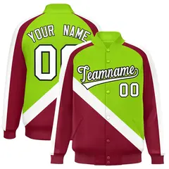 Neon Green Crimson Raglan Full-Snap Letterman Baseball Jacket 1