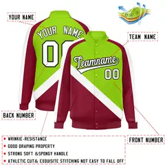 Neon Green Crimson Raglan Full-Snap Letterman Baseball Jacket 2