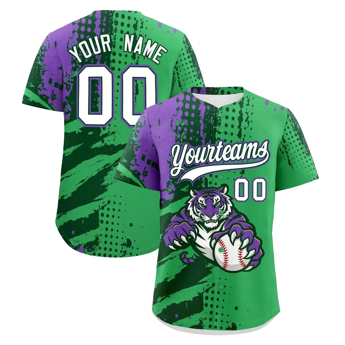 Neon Green Dark Green White Full-Snap Tiger Graffiti Baseball Jersey