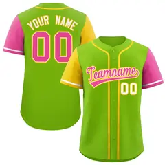 Neon Green Gold and Pink Raglan Sleeves Baseball Jersey