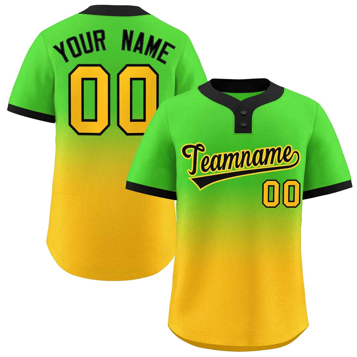 Neon Green Gold Black-Gold Gradient Two-Button Softball Jersey