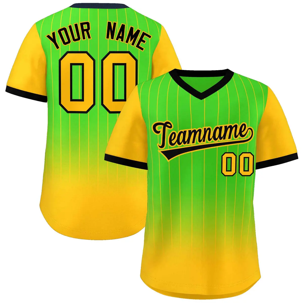 Neon Green Gold-Black Gradient Pullover Pinstripe Baseball Jersey