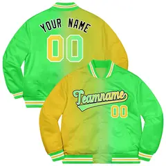 Neon Green Gold-Black Two Tone Gradient Full-Snap Varsity Jacket