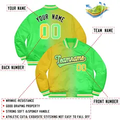 Neon Green Gold-Black Two Tone Gradient Full-Snap Varsity Jacket 2