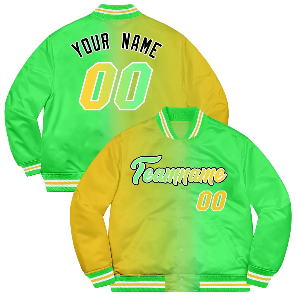 Neon Green Gold-Black Two Tone Gradient Varsity Jacket