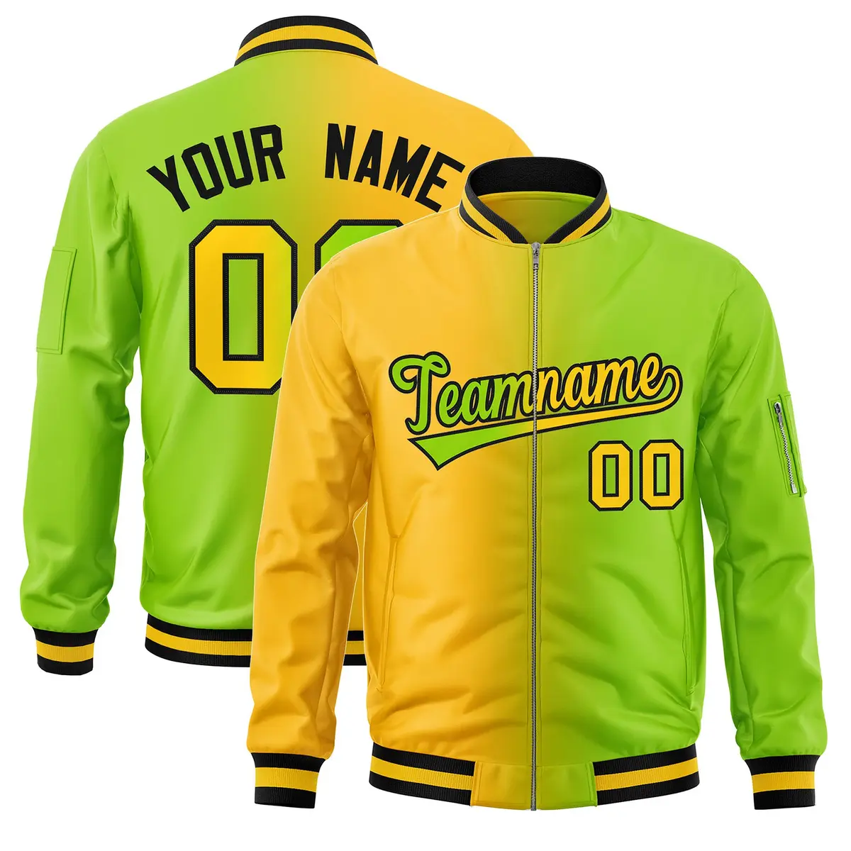 Neon Green Gold Gradient Full-Zip Letterman Bomber Jacket