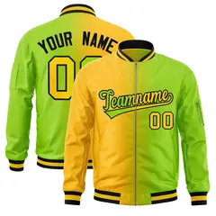 Neon Green Gold Gradient Full-Zip Letterman Bomber Jacket