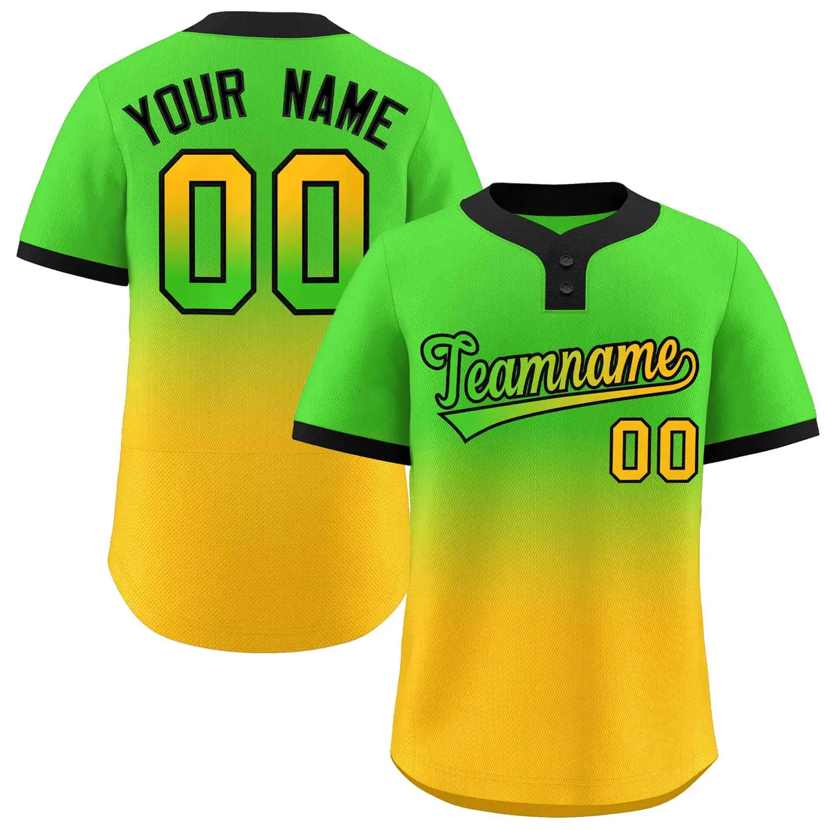 Neon Green Gold Green-Black Gradient Two-Button Softball Jersey