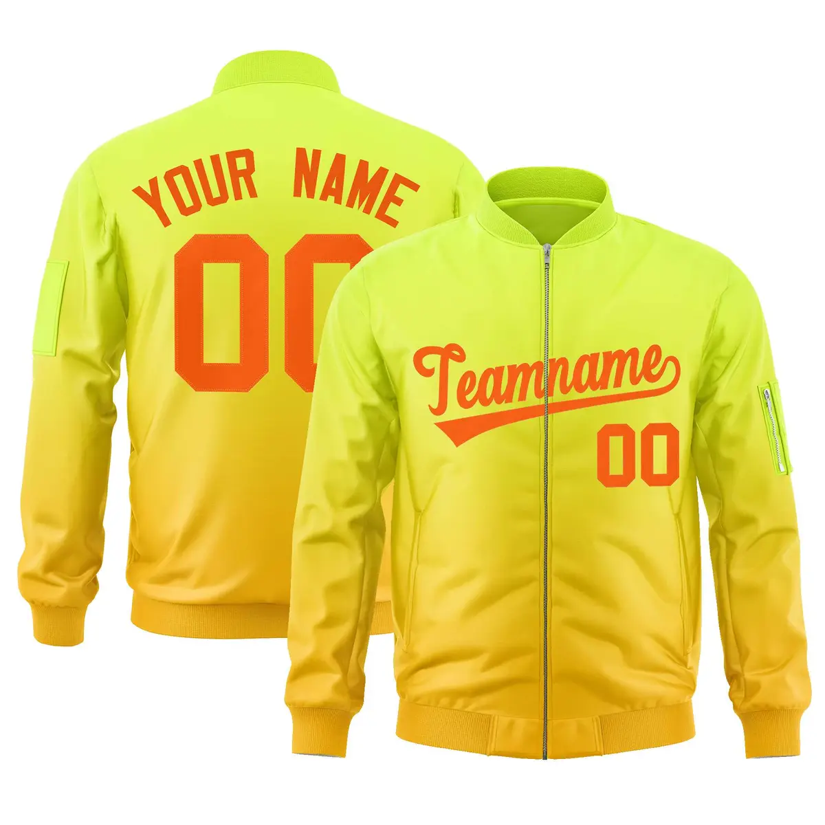 Neon Green Gold-Orange Gradient Varsity Letterman Bomber Jacket