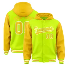 Neon Green Gold Raglan Varsity Full-Snap Letterman Jacket Hoodie 1