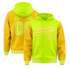 Neon Green Gold Raglan Varsity Full-Snap Letterman Jacket Hoodie