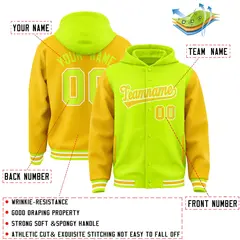 Neon Green Gold Raglan Varsity Full-Snap Letterman Jacket Hoodie 4