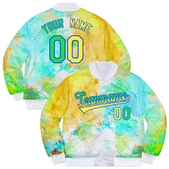 Neon Green Gold-Royal Splashes Graffiti Varsity Jacket