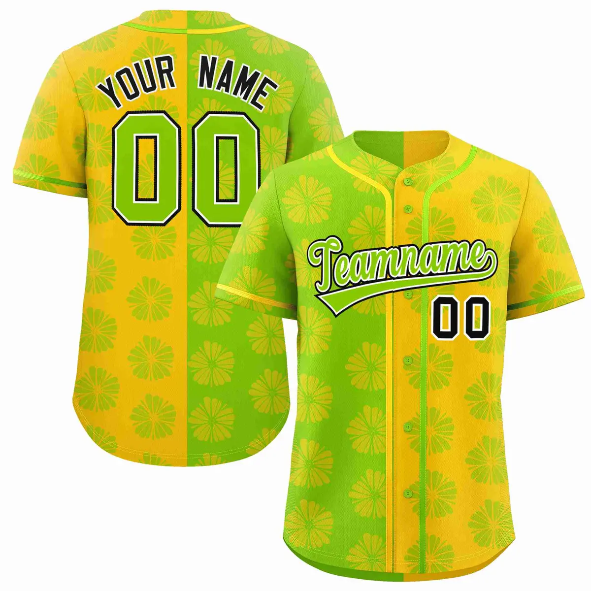 Neon Green Gold Split Flower Graffiti Baseball Jersey