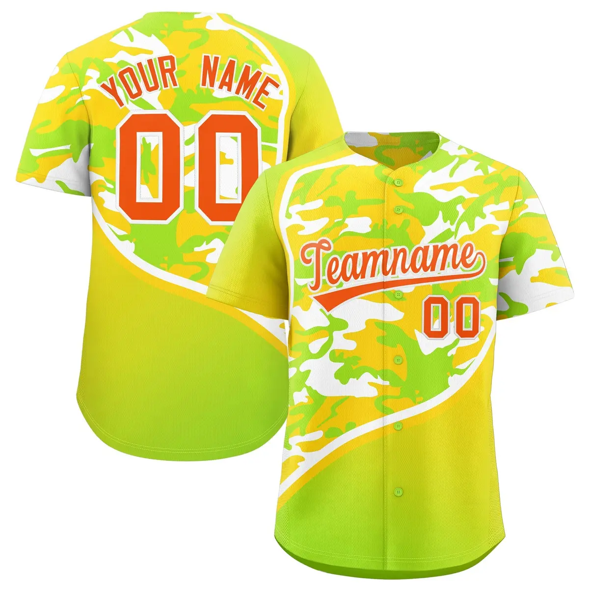 Neon Green Gold White Camo Gradient Fashion Baseball Jersey