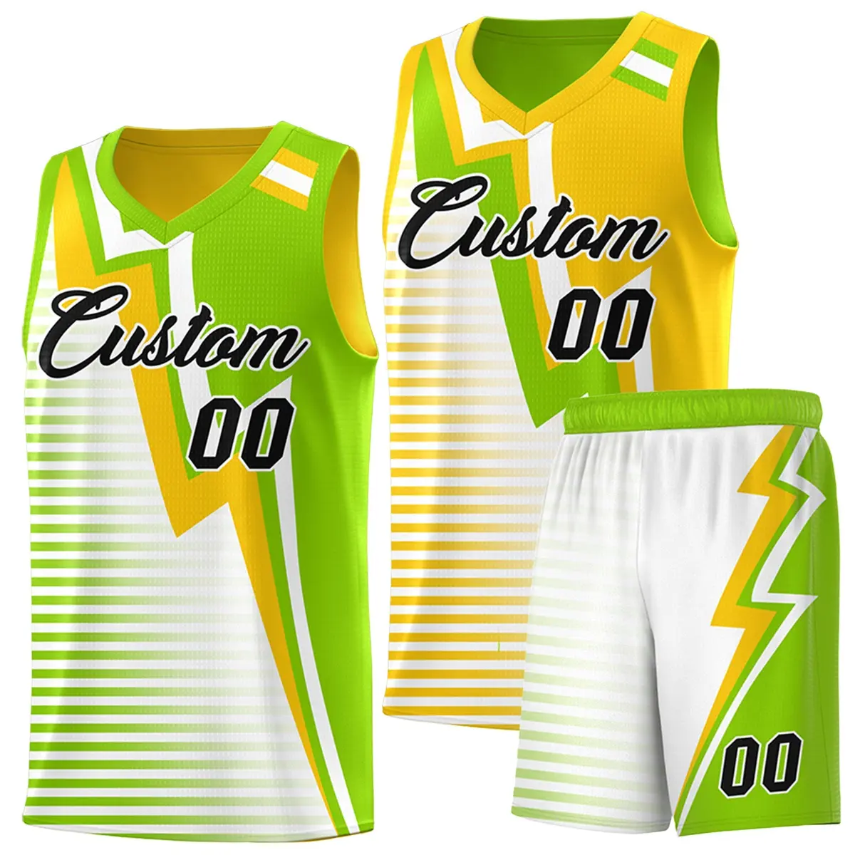 Neon Green Gold White Gradient Lightning Stripes Reversible Basketball Jersey