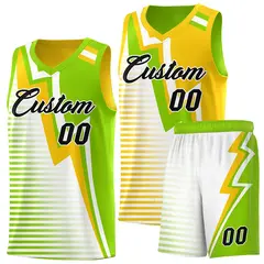 Neon Green Gold White Gradient Lightning Stripes Reversible Basketball Jersey