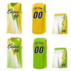 Neon Green Gold White Gradient Lightning Stripes Reversible Basketball Jersey 2