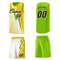 Neon Green Gold White Gradient Lightning Stripes Reversible Basketball Jersey 5