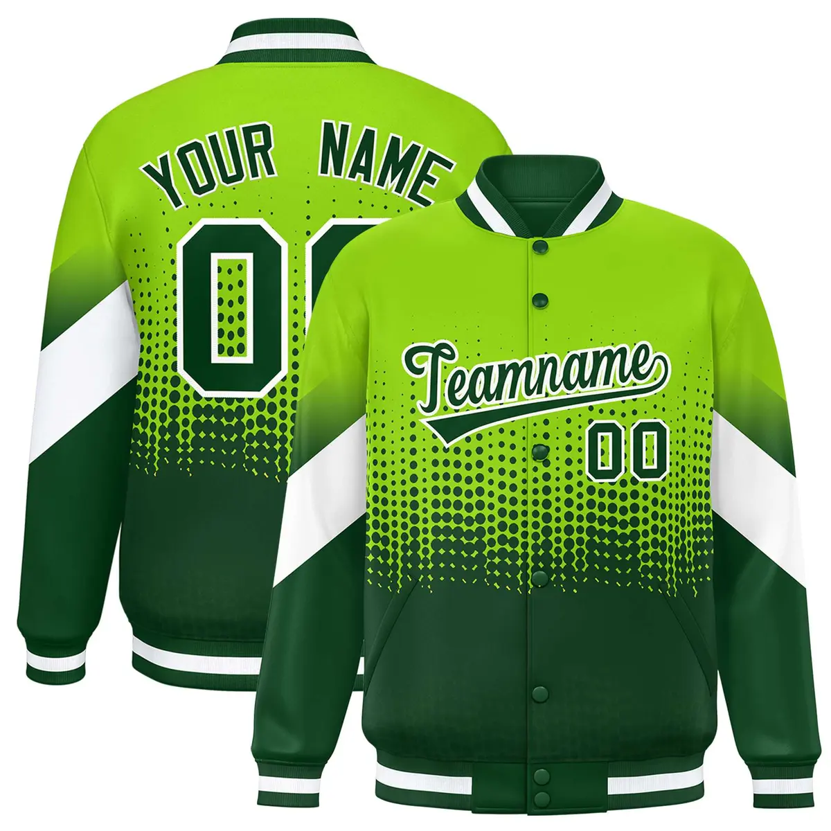 Neon Green Gradient Polka Dot Full-Snap Letterman Baseball Jacket