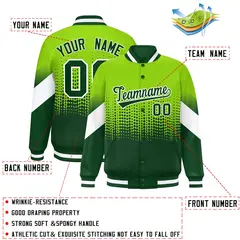 Neon Green Gradient Polka Dot Full-Snap Letterman Baseball Jacket 2