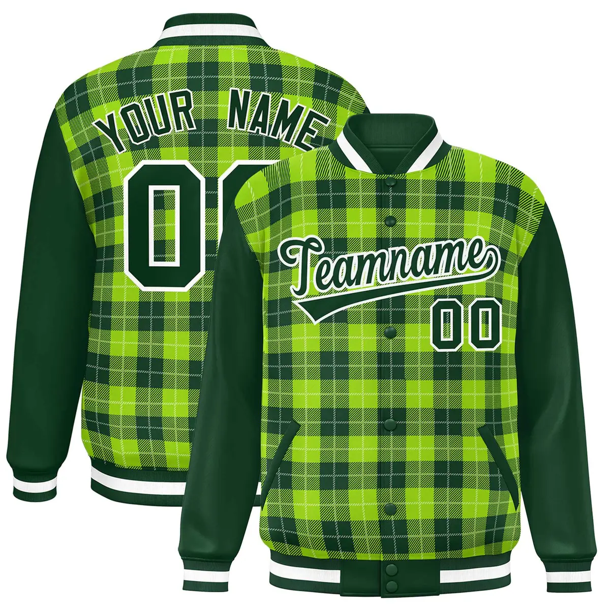Neon Green Green-White Plaid Varsity Letterman Baseball Jacket