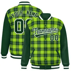 Neon Green Green-White Plaid Varsity Letterman Baseball Jacket 1