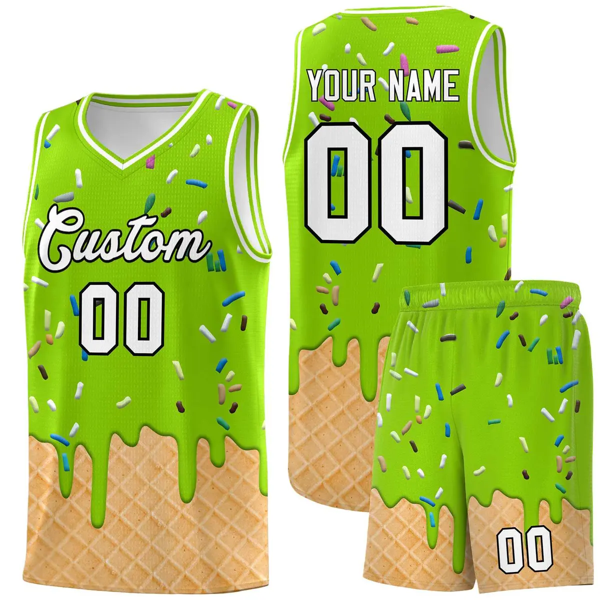 Neon Green Ice Cream Pattern Basketball Kit