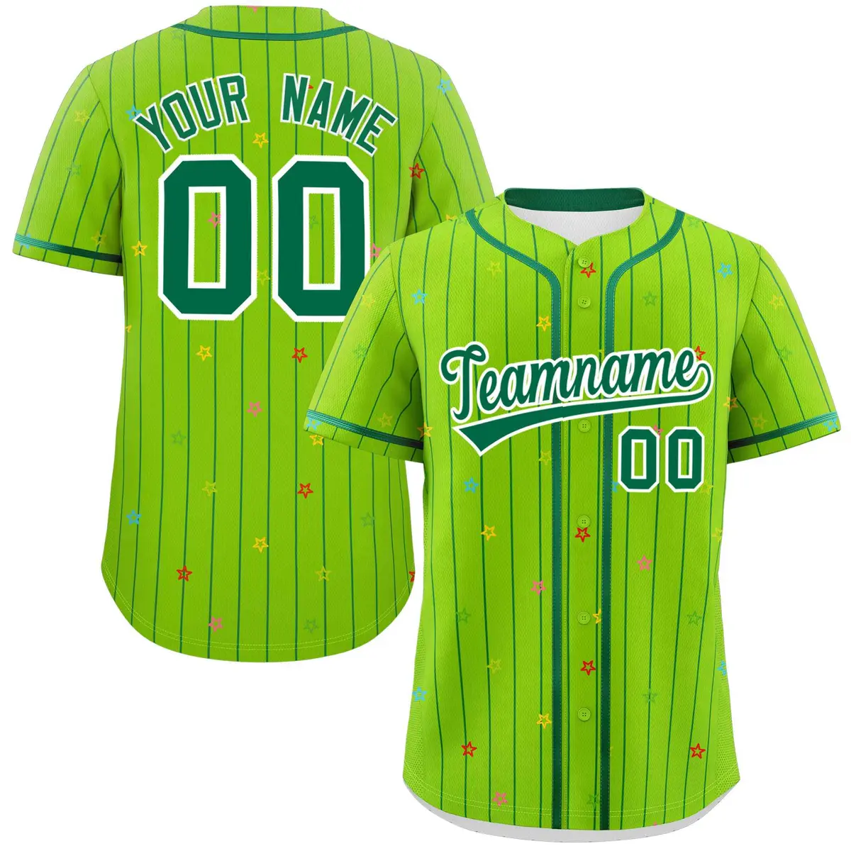 Neon Green Kelly Green Stripe Star Pattern Baseball Jersey