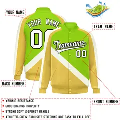 Neon Green Khaki Raglan Varsity Full-Snap Letterman Baseball Jacket 2