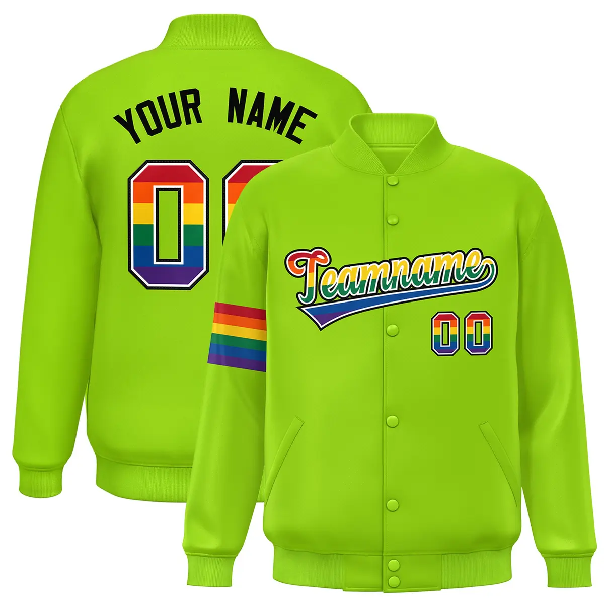 Neon Green LGBT Rainbow Pride Month Letterman Baseball Jacket