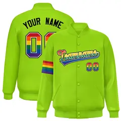 Neon Green LGBT Rainbow Pride Month Letterman Baseball Jacket