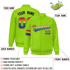 Neon Green LGBT Rainbow Pride Month Letterman Baseball Jacket 2