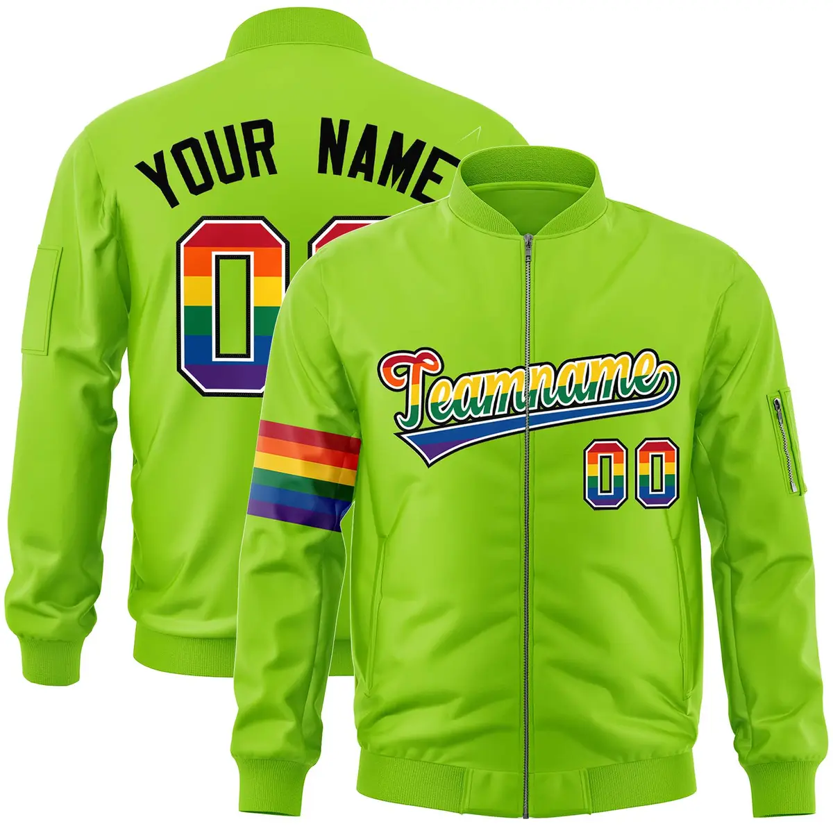 Neon Green LGBT Rainbow Pride Month Letterman Bomber Jacket