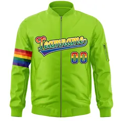 Neon Green LGBT Rainbow Pride Month Letterman Bomber Jacket 3