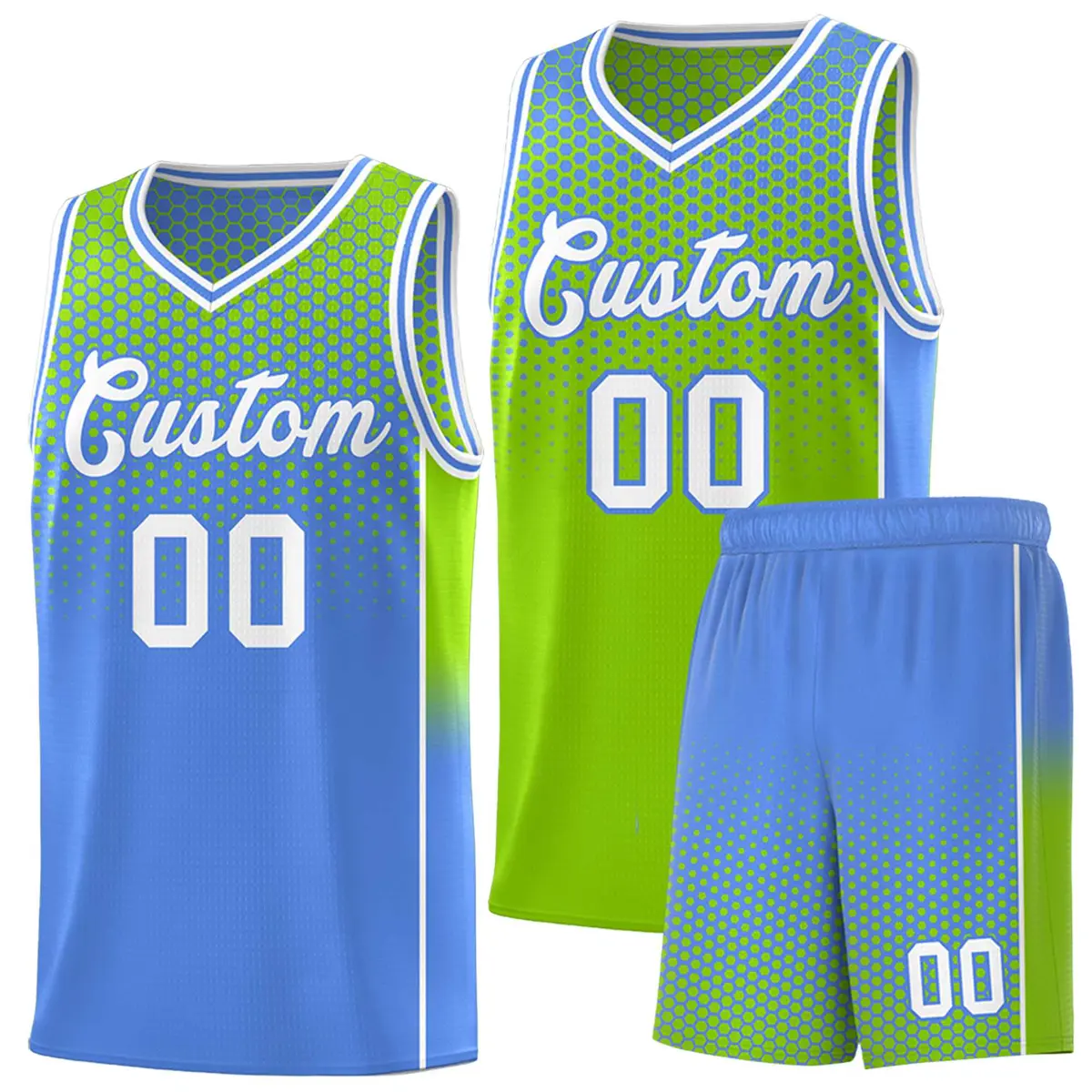 Neon Green Light Blue Dot Pattern Reversible Gradient Basketball Jersey Kits