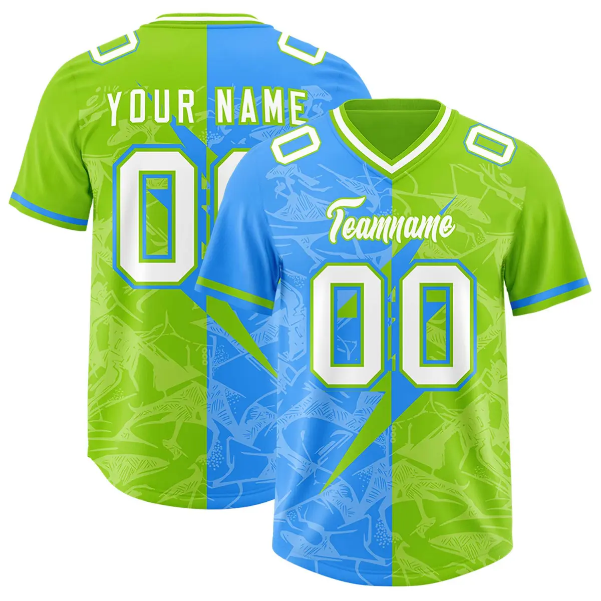 Neon Green Light Blue Split Lightning Pattern Football Jersey