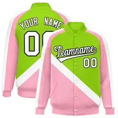 Neon Green Light Pink Raglan Full-Snap Letterman Baseball Jacket 1